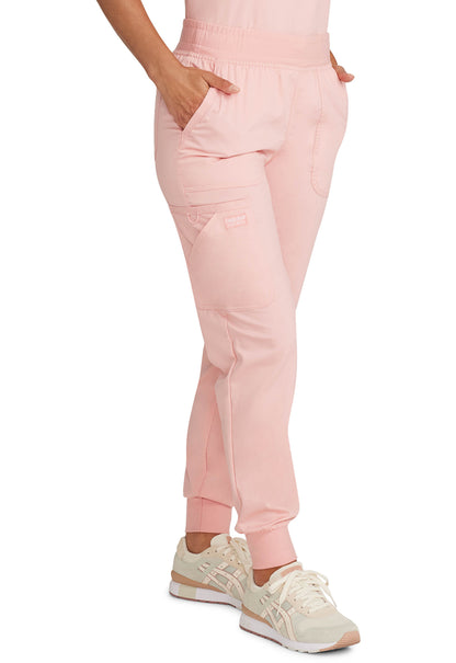 Revolution WW115 Mid Rise Jogger Pink Essence Model Image Left Side | Cherokee Workwear