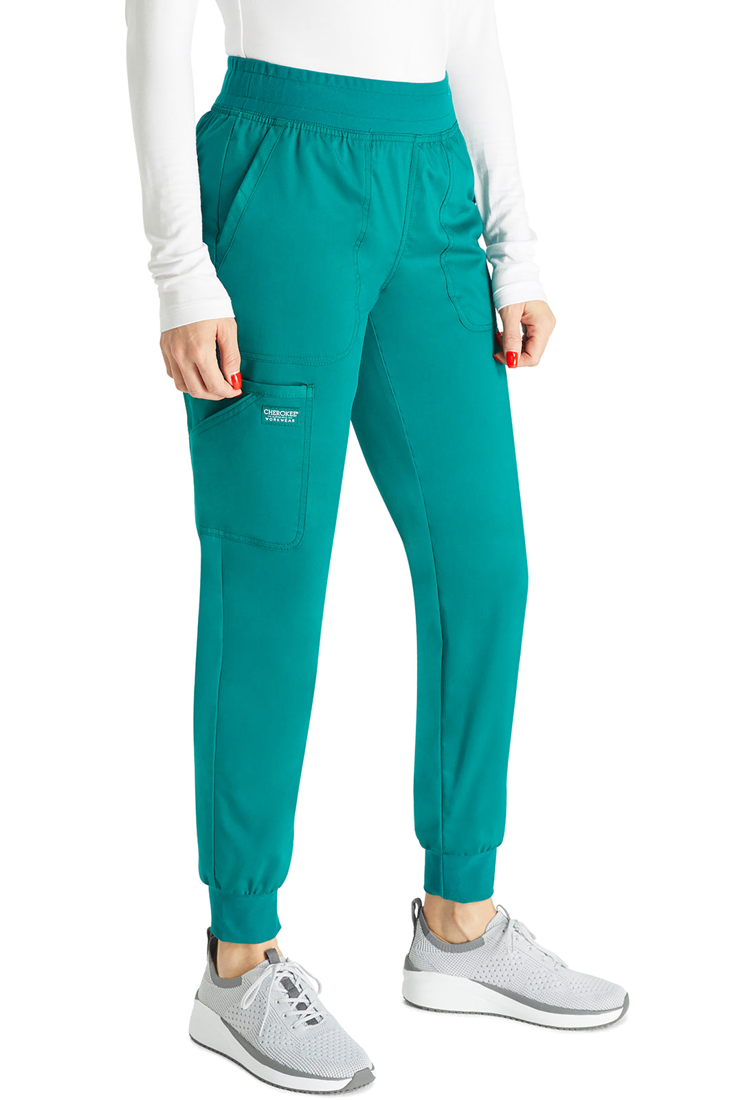 Revolution WW115 Mid Rise Jogger Hunter Green Model Image Left Side | Cherokee Workwear