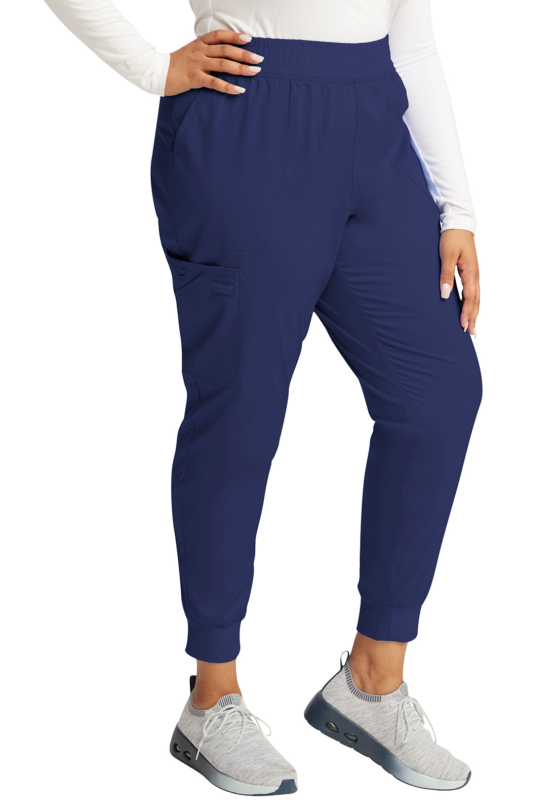 Revolution WW115 Mid Rise Jogger Navy Model Image Left Side | Cherokee Workwear