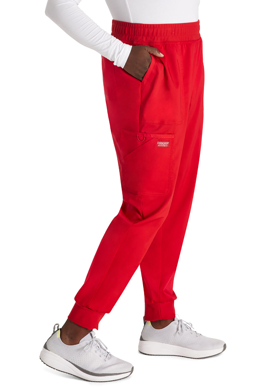 Revolution WW115 Mid Rise Jogger Red Model Image Left Side | Cherokee Workwear