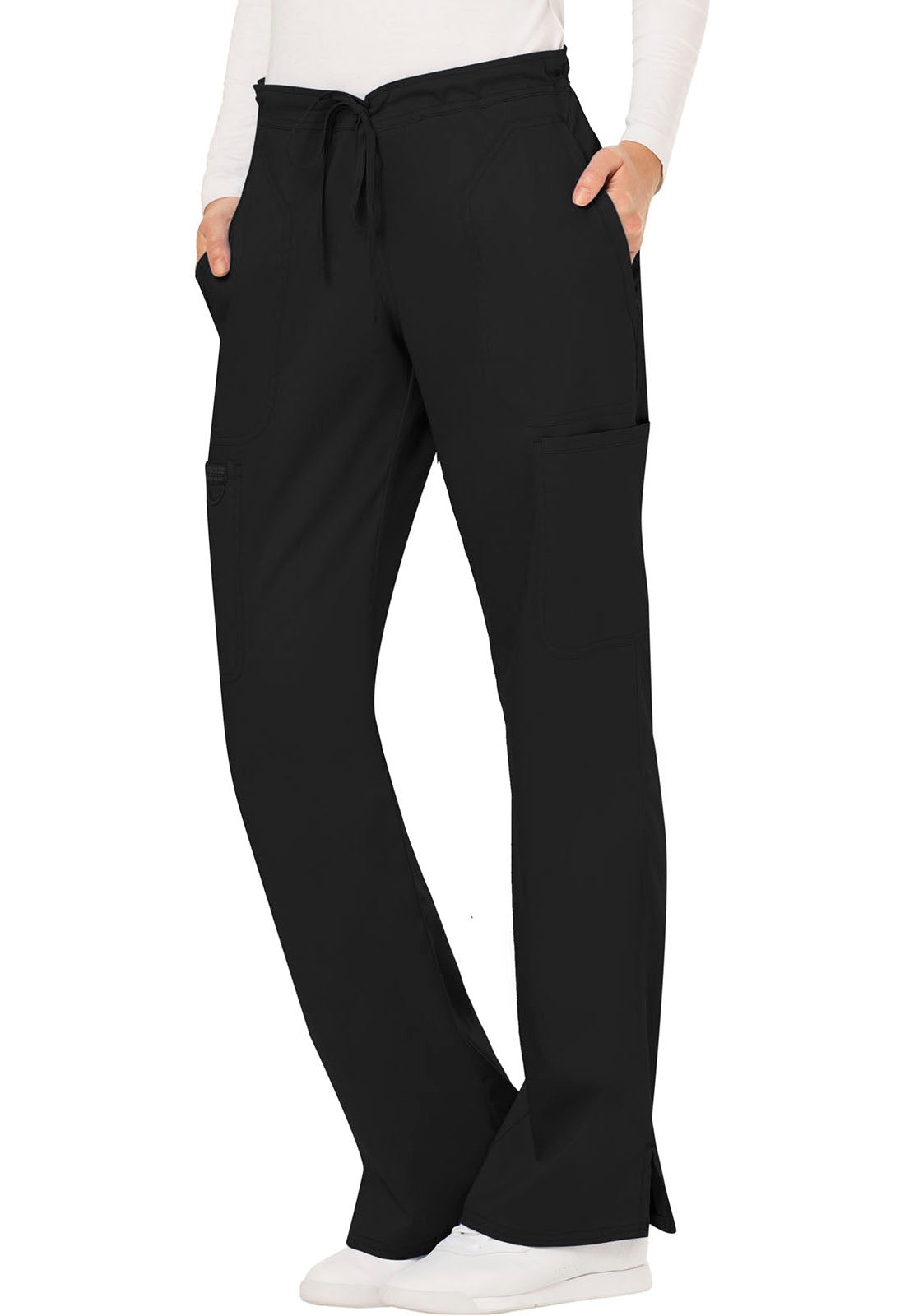 Revolution WW120 Mid Rise Moderate Flare Drawstring Pants Black Model Image Right Side | Cherokee Workwear