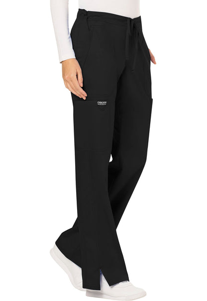 Revolution WW120 Mid Rise Moderate Flare Drawstring Pants Black Model Image Left Side | Cherokee Workwear