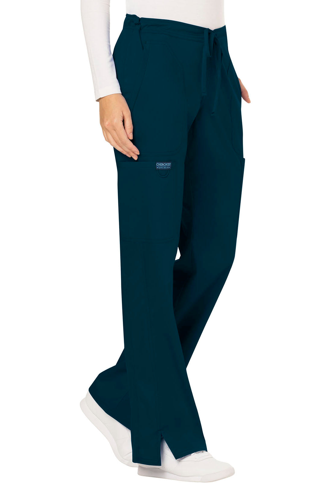 Revolution WW120 Mid Rise Moderate Flare Drawstring Pants Caribbean Blue Model Image Left Side | Cherokee Workwear