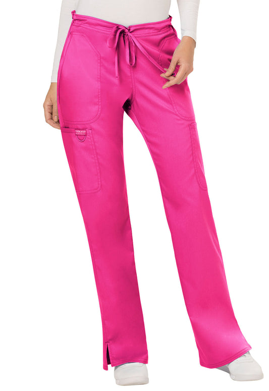 Revolution WW120 Mid Rise Moderate Flare Drawstring Pants Electric Pink Model Image Front | Cherokee Workwear