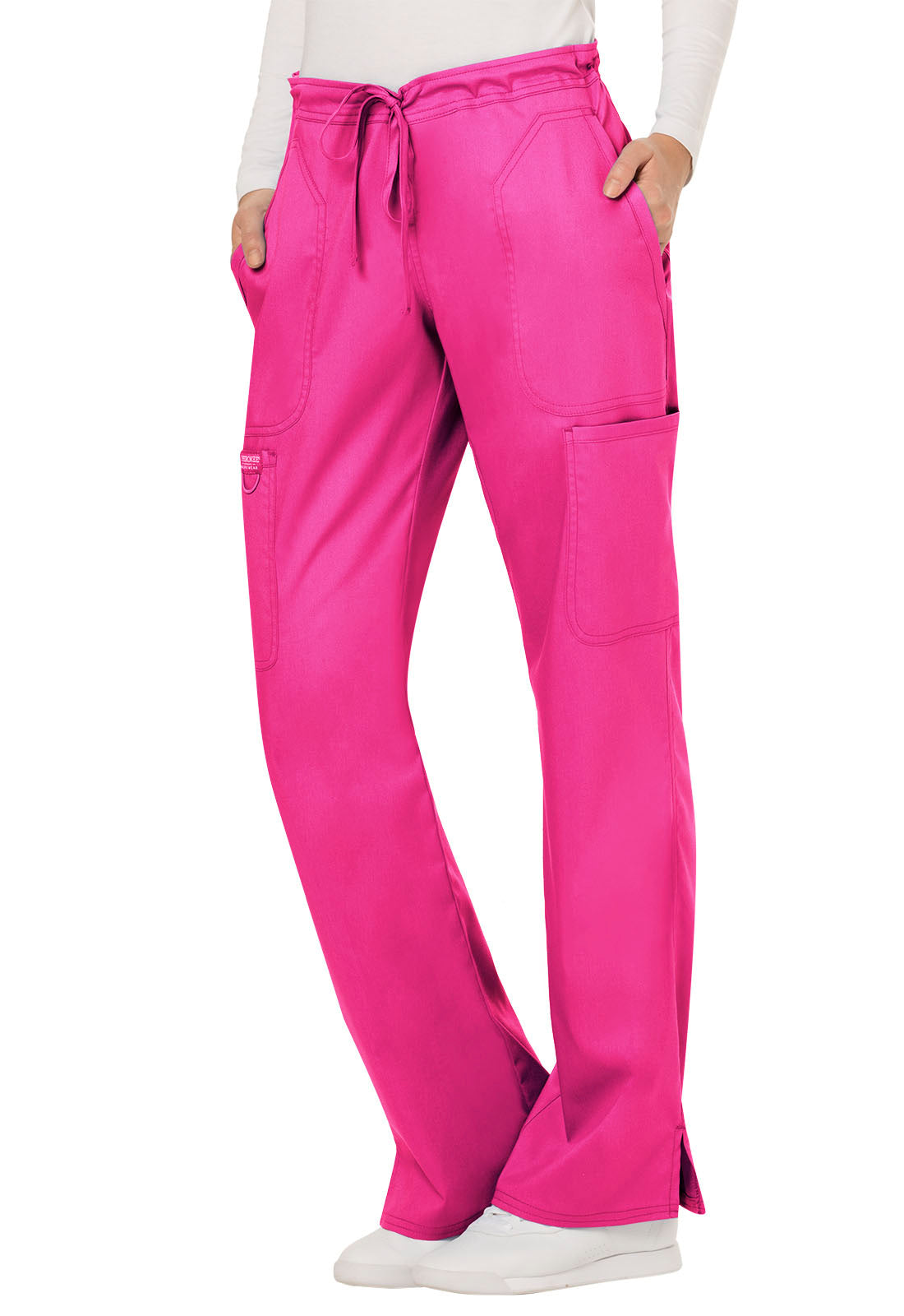 Revolution WW120 Mid Rise Moderate Flare Drawstring Pants Electric Pink Model Image Right Side | Cherokee Workwear