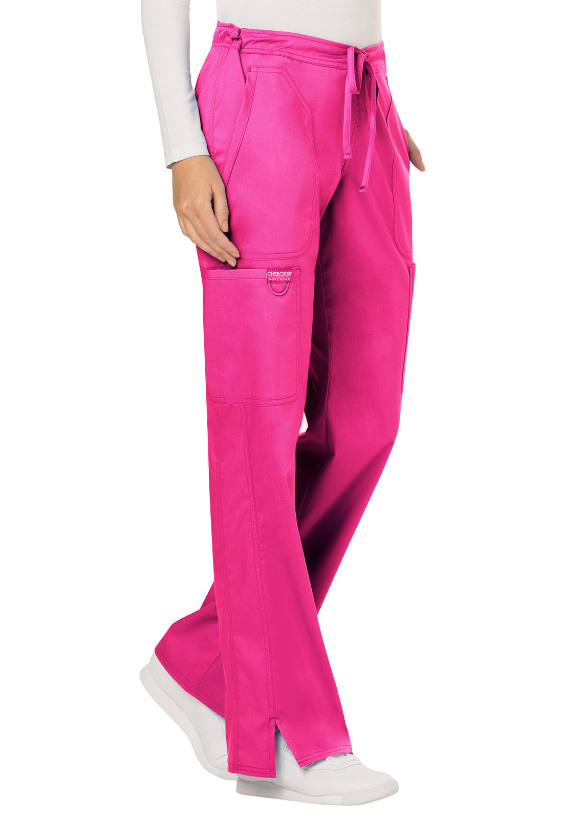 Revolution WW120 Mid Rise Moderate Flare Drawstring Pants Electric Pink Model Image Left Side | Cherokee Workwear