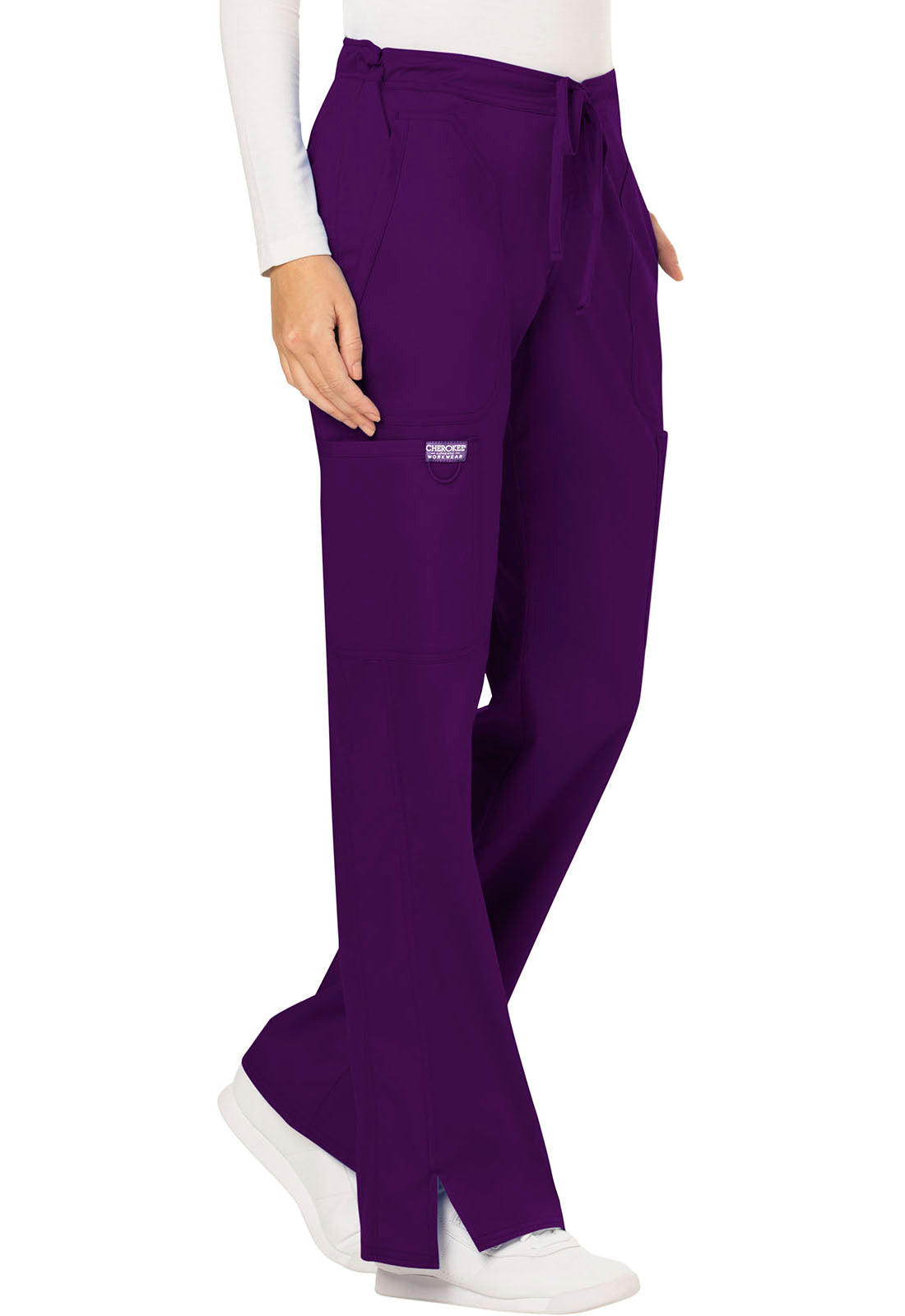 Revolution WW120 Mid Rise Moderate Flare Drawstring Pants Eggplant Model Image Left Side | Cherokee Workwear