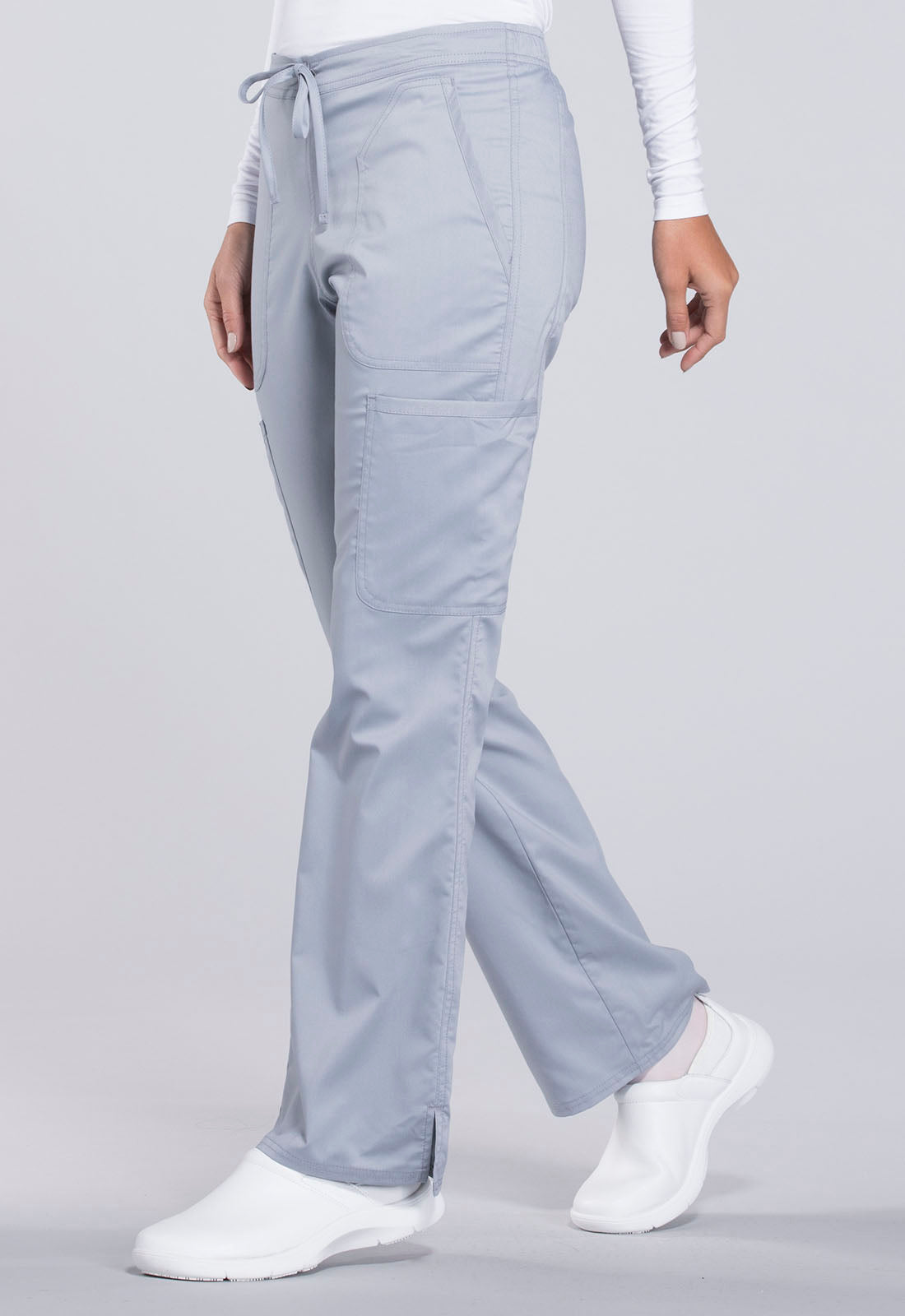 Revolution WW120 Mid Rise Moderate Flare Drawstring Pants Grey Model Image Right Side | Cherokee Workwear