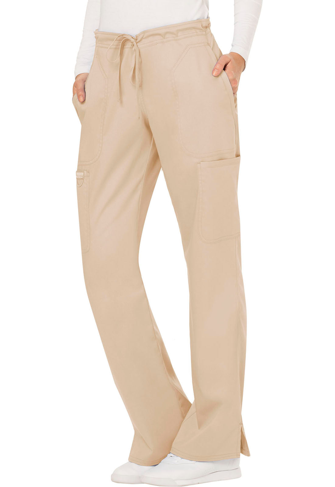 Revolution WW120 Mid Rise Moderate Flare Drawstring Pants Khaki Model Image Right Side | Cherokee Workwear