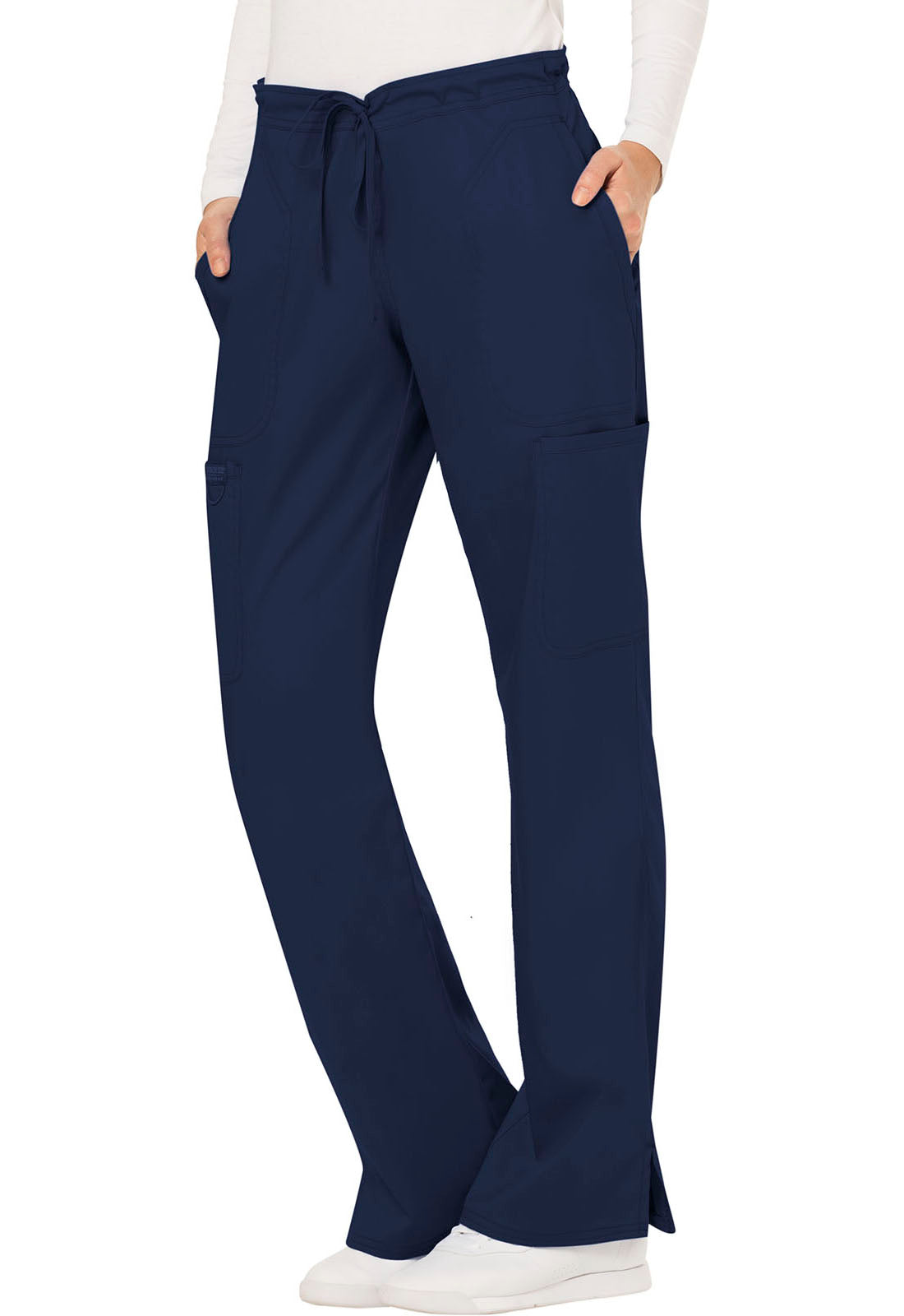 Revolution WW120 Mid Rise Moderate Flare Drawstring Pants Navy Model Image Right Side | Cherokee Workwear