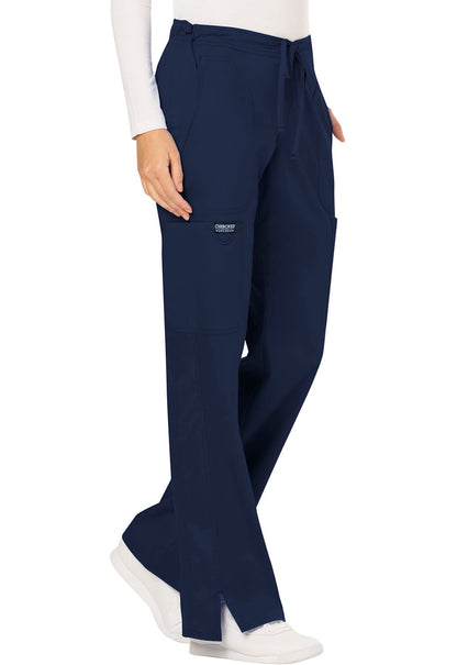 Revolution WW120 Mid Rise Moderate Flare Drawstring Pants Navy Model Image Left Side | Cherokee Workwear