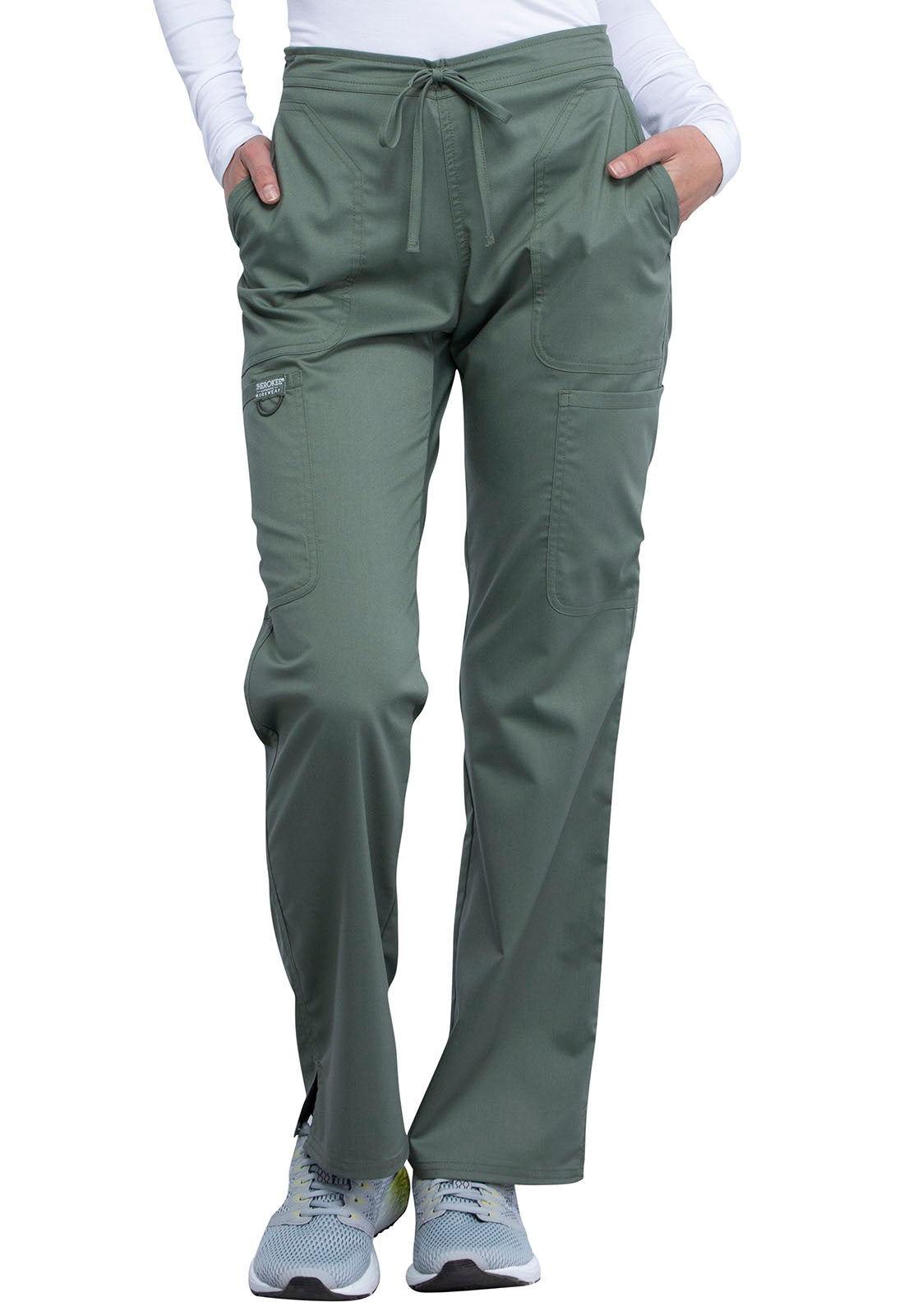 Revolution WW120 Mid Rise Moderate Flare Drawstring Pants Olive Model Image Front | Cherokee Workwear