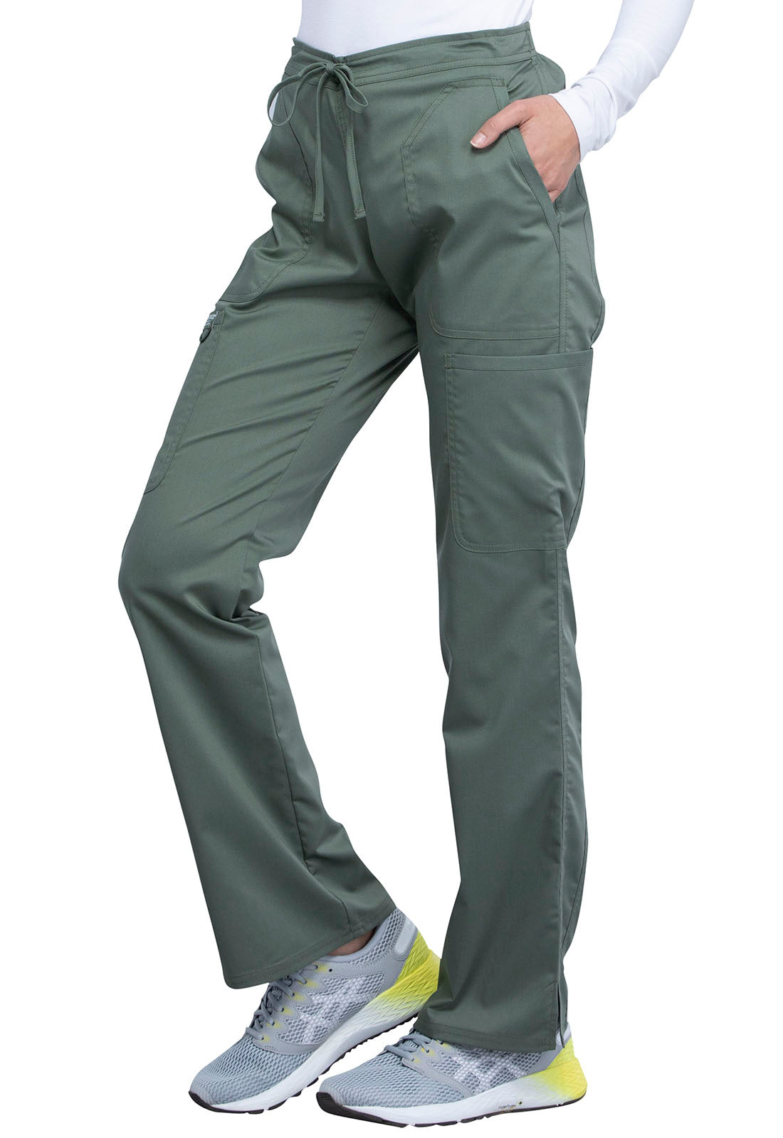 Revolution WW120 Mid Rise Moderate Flare Drawstring Pants Olive Model Image Right Side | Cherokee Workwear