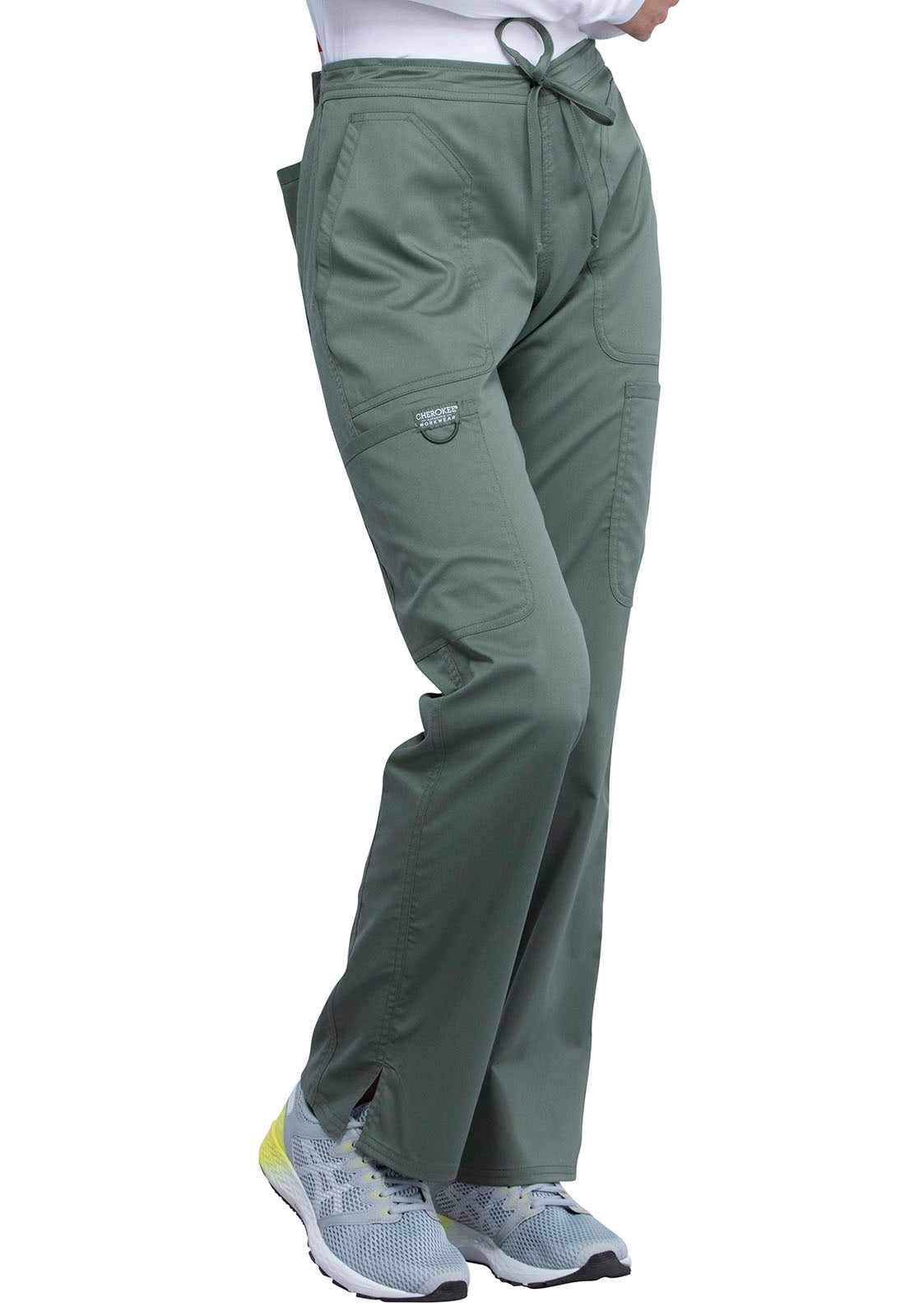 Revolution WW120 Mid Rise Moderate Flare Drawstring Pants Olive Model Image Left Side | Cherokee Workwear