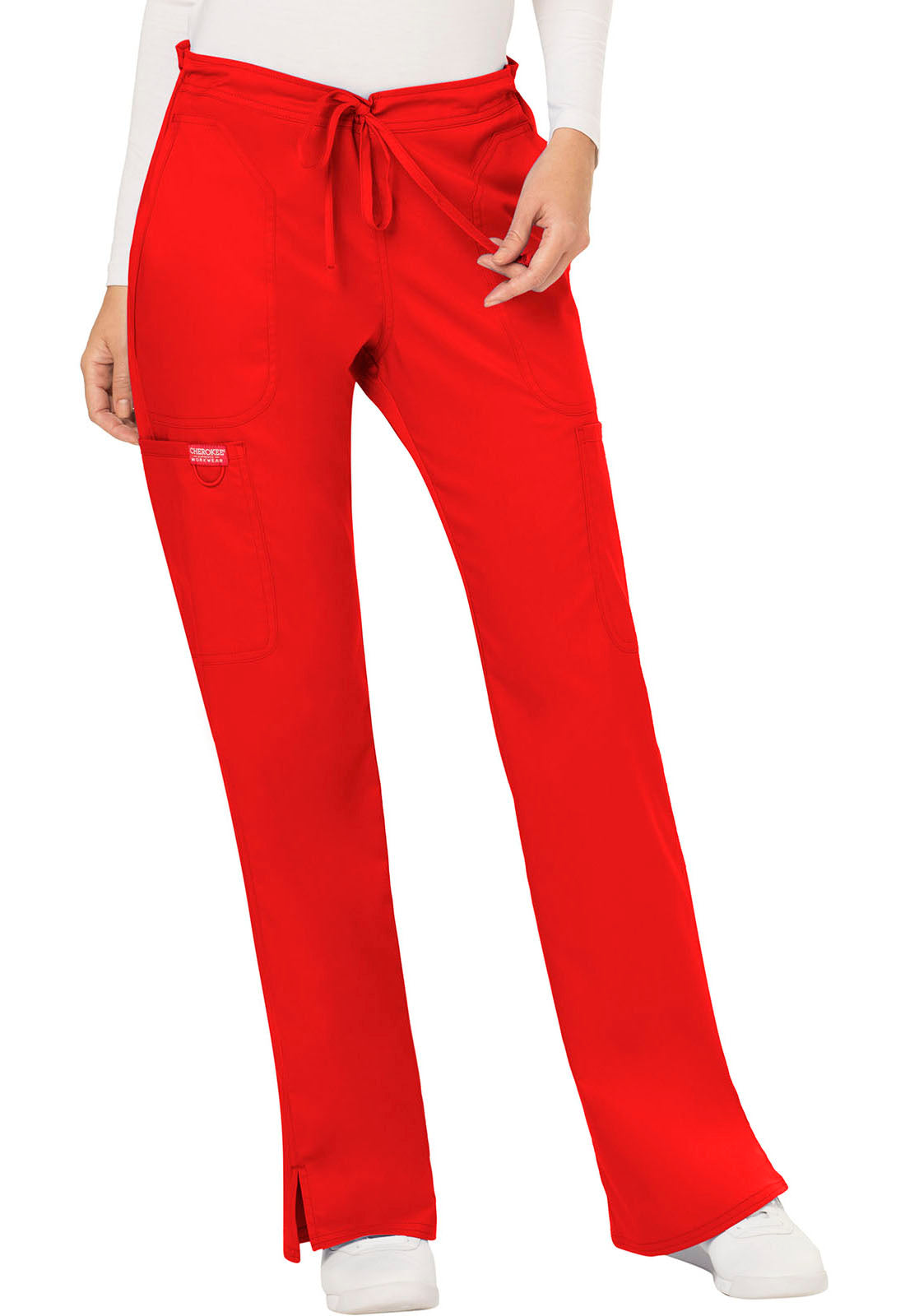 Revolution WW120 Mid Rise Moderate Flare Drawstring Pants Red Model Image Front | Cherokee Workwear