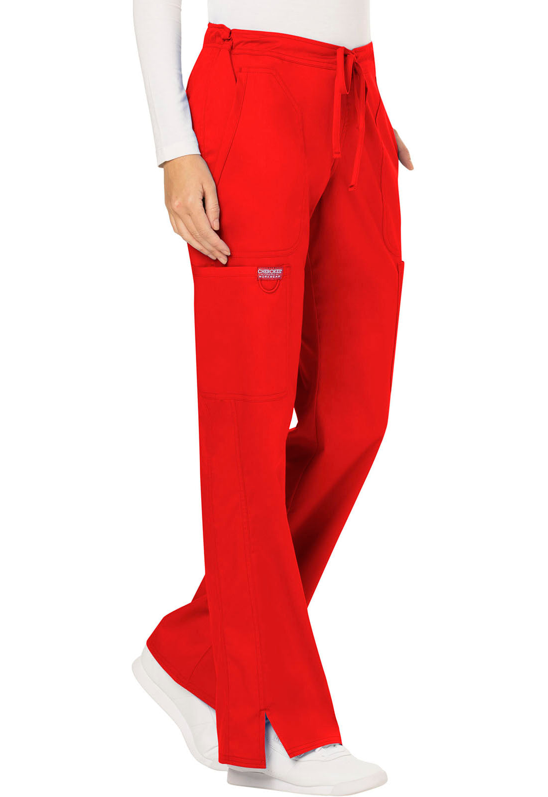 Revolution WW120 Mid Rise Moderate Flare Drawstring Pants Red Model Image Left Side | Cherokee Workwear