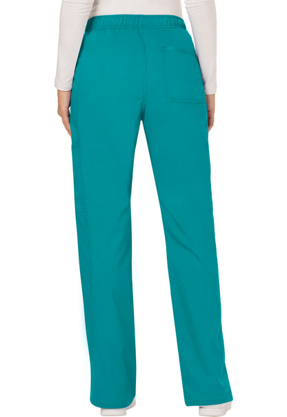 Revolution WW120 Mid Rise Moderate Flare Drawstring Pants Teal Blue Model Image Back | Cherokee Workwear