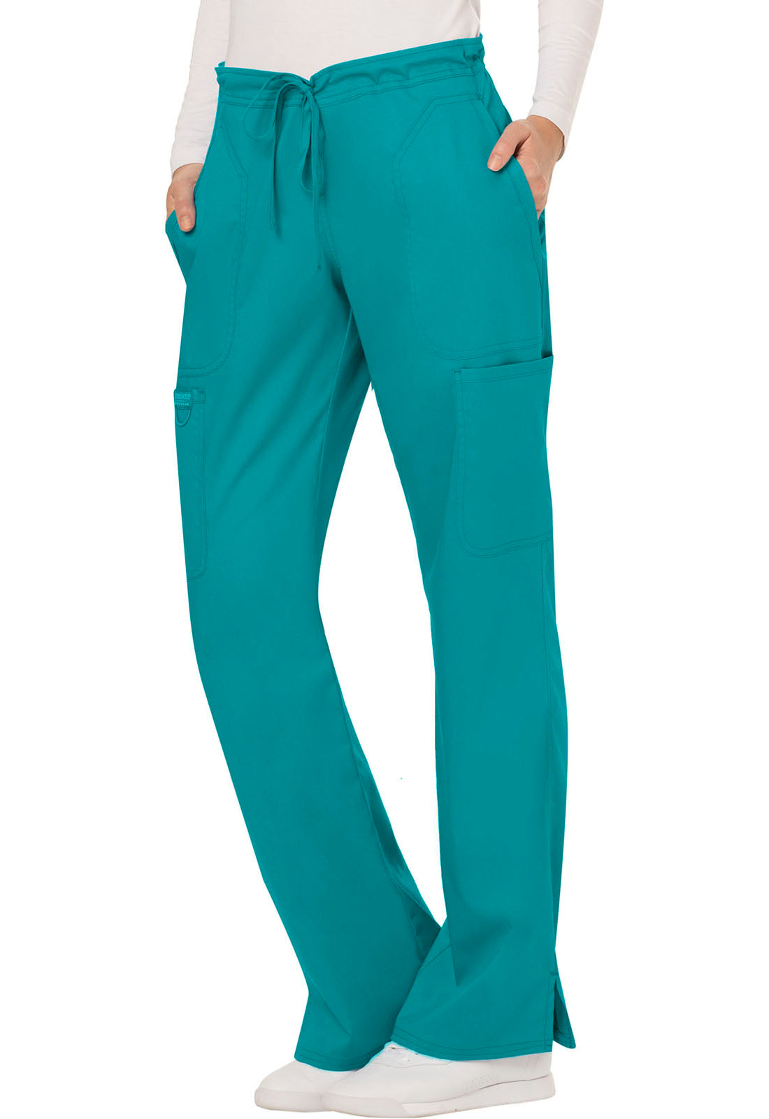 Revolution WW120 Mid Rise Moderate Flare Drawstring Pants Teal Blue Model Image Right Side | Cherokee Workwear