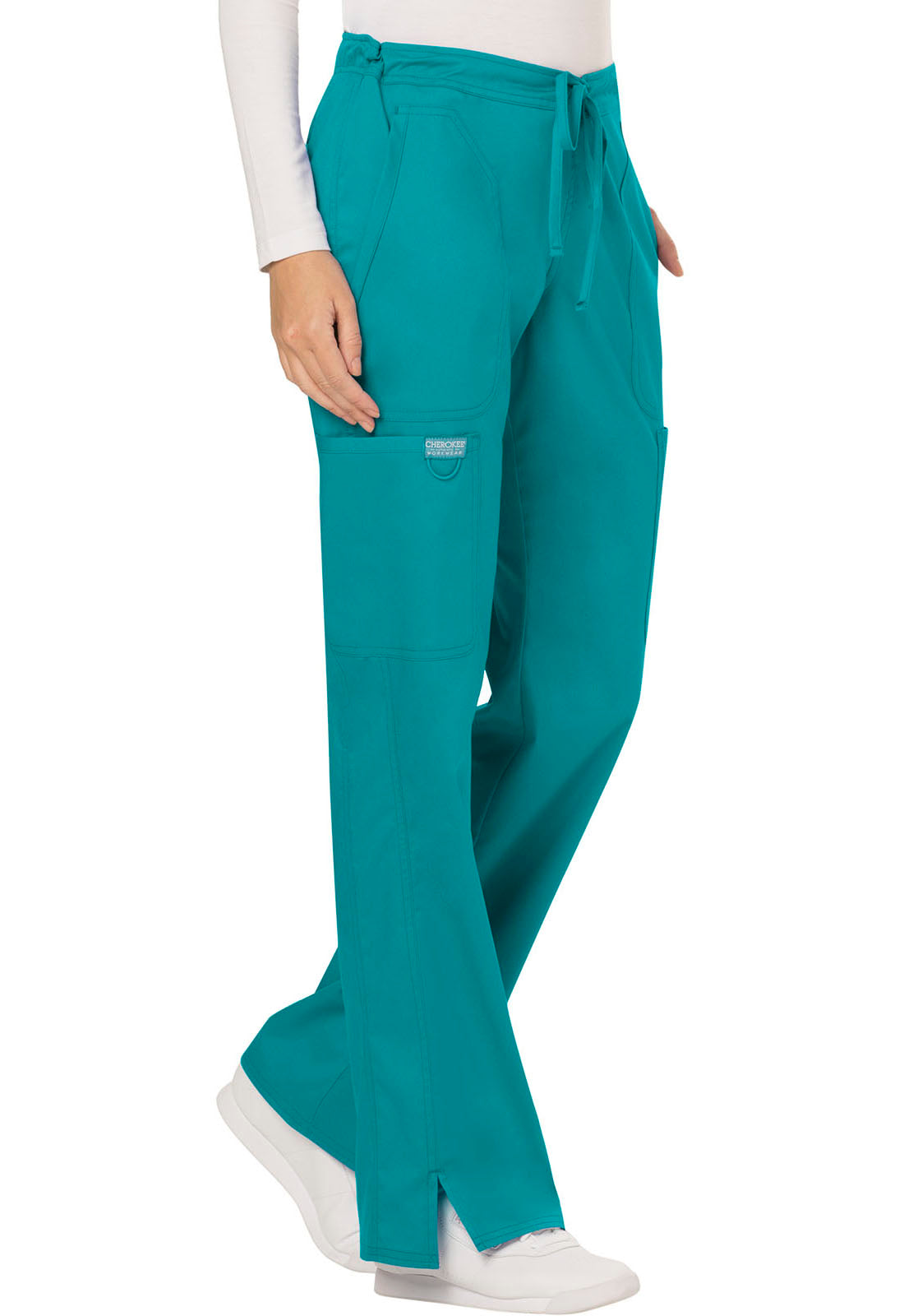 Revolution WW120 Mid Rise Moderate Flare Drawstring Pants Teal Blue Model Image Left Side | Cherokee Workwear