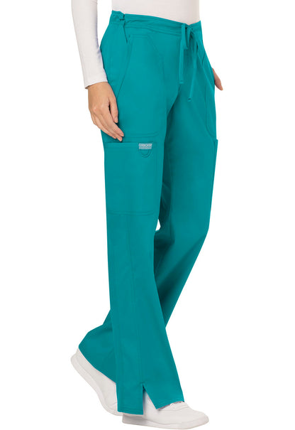 Revolution WW120 Mid Rise Moderate Flare Drawstring Pants Teal Blue Model Image Left Side | Cherokee Workwear