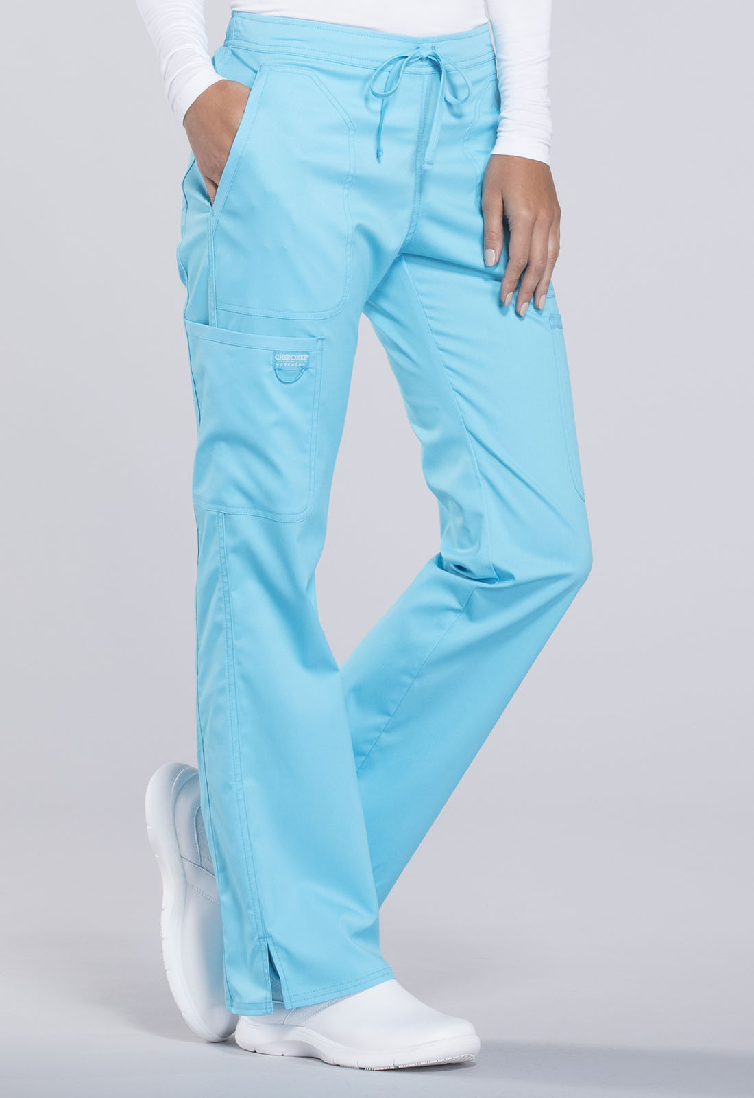 Revolution WW120 Mid Rise Moderate Flare Drawstring Pants Turquoise Model Image Left Side | Cherokee Workwear