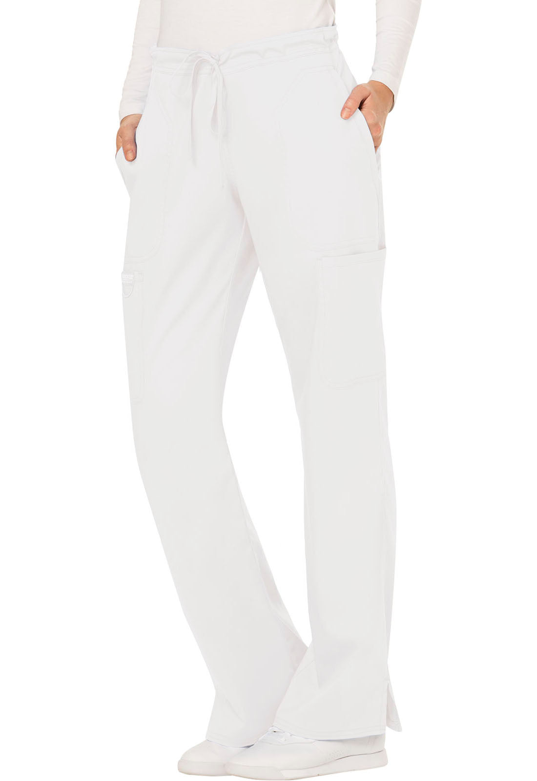 Revolution WW120 Mid Rise Moderate Flare Drawstring Pants White Model Image Right Side | Cherokee Workwear