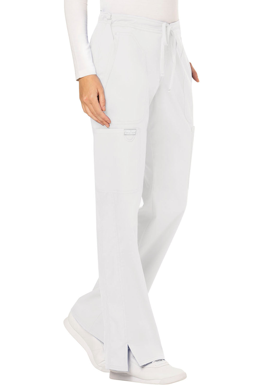 Revolution WW120 Mid Rise Moderate Flare Drawstring Pants White Model Image Left Side | Cherokee Workwear