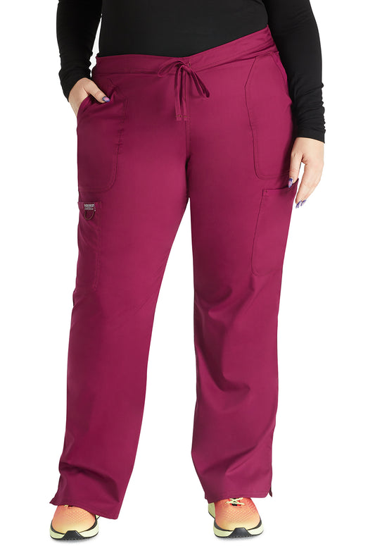 Revolution WW120 Mid Rise Moderate Flare Drawstring Pants Wine Model Image Front | Cherokee Workwear