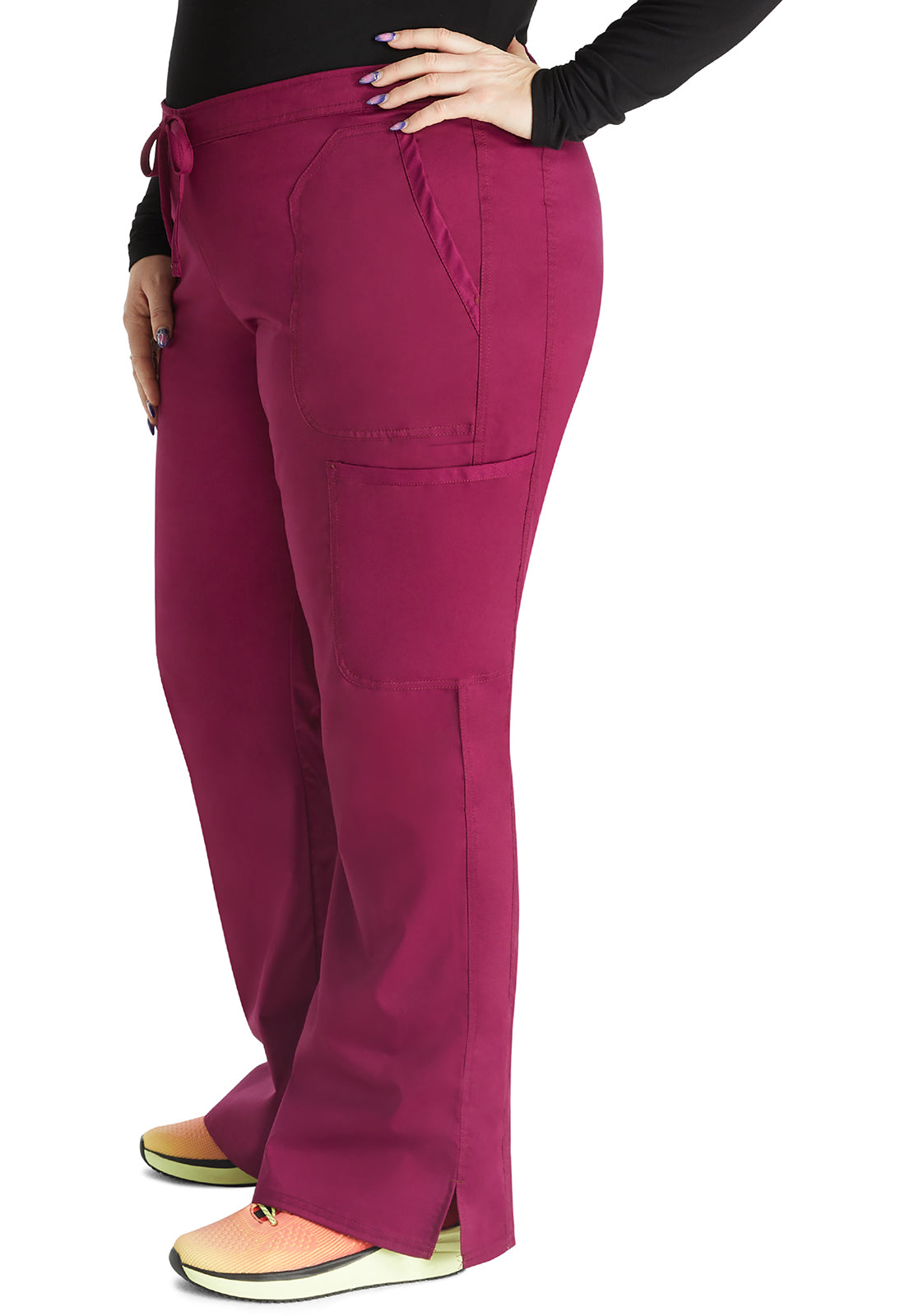 Revolution WW120 Mid Rise Moderate Flare Drawstring Pants Wine Model Image Right Side | Cherokee Workwear