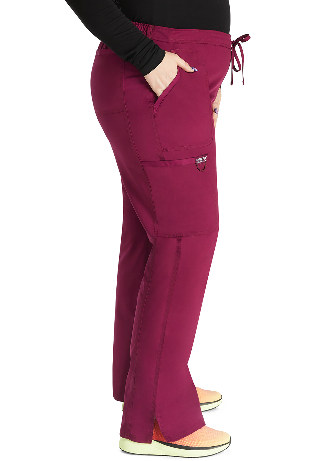 Revolution WW120 Mid Rise Moderate Flare Drawstring Pants Wine Model Image Left Side | Cherokee Workwear