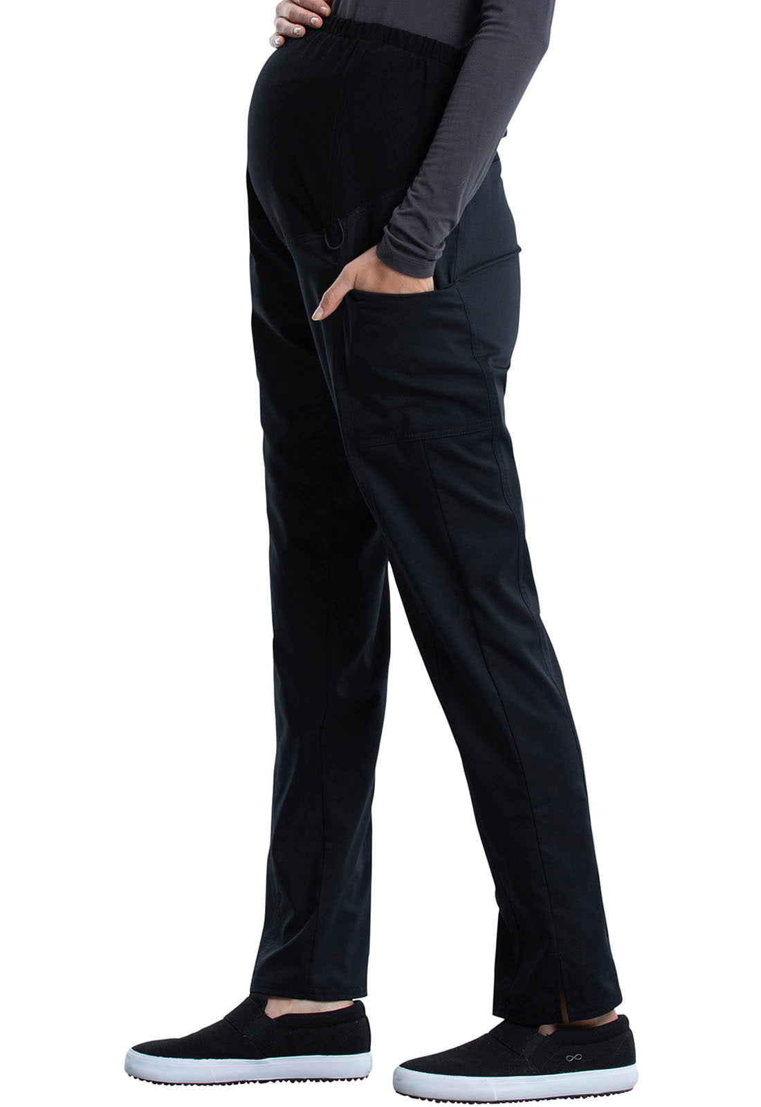 Revolution WW155 Maternity Straight Leg Pants Black Model Image Right Side | Cherokee Workwear