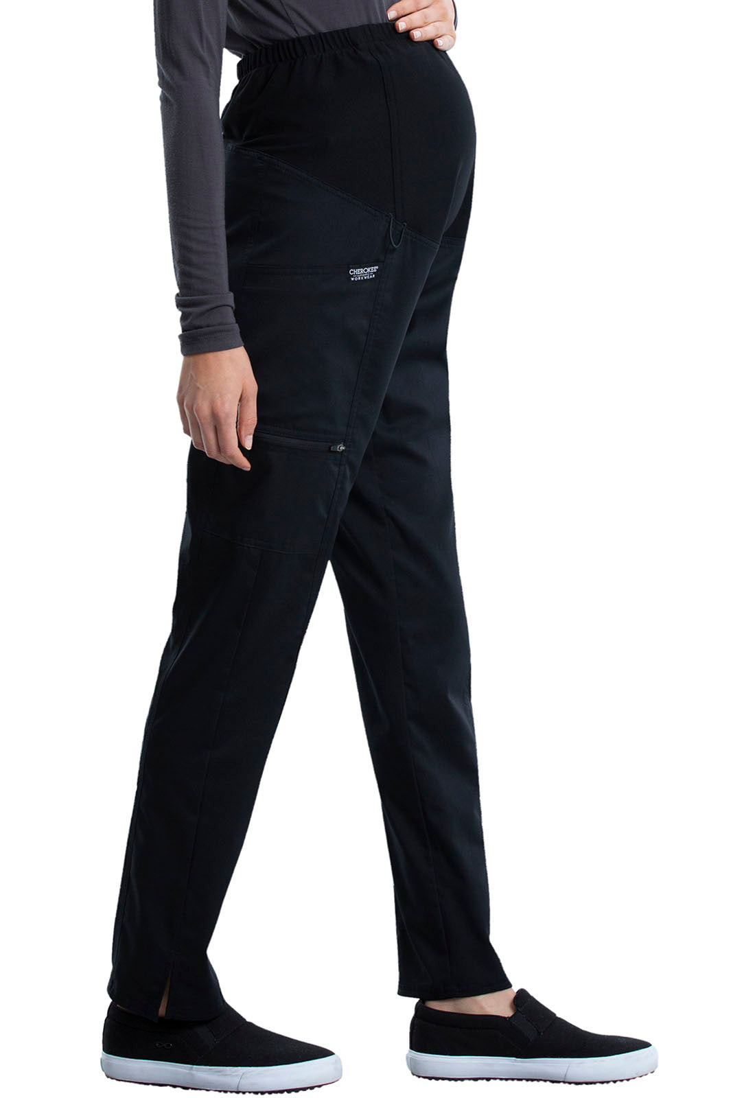 Revolution WW155 Maternity Straight Leg Pants Black Model Image Left Side | Cherokee Workwear