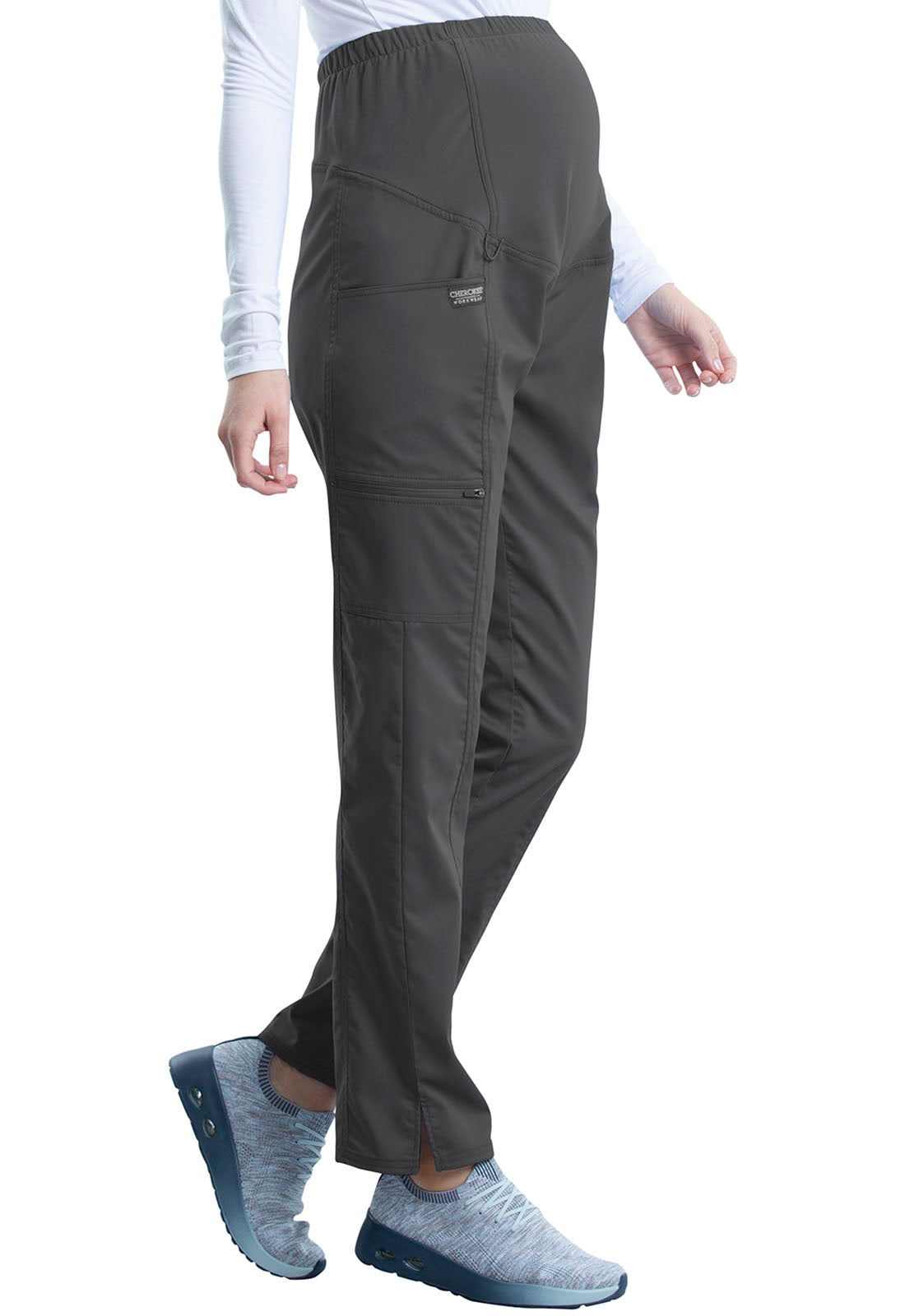 Revolution WW155 Maternity Straight Leg Pants Pewter Model Image Left Side | Cherokee Workwear