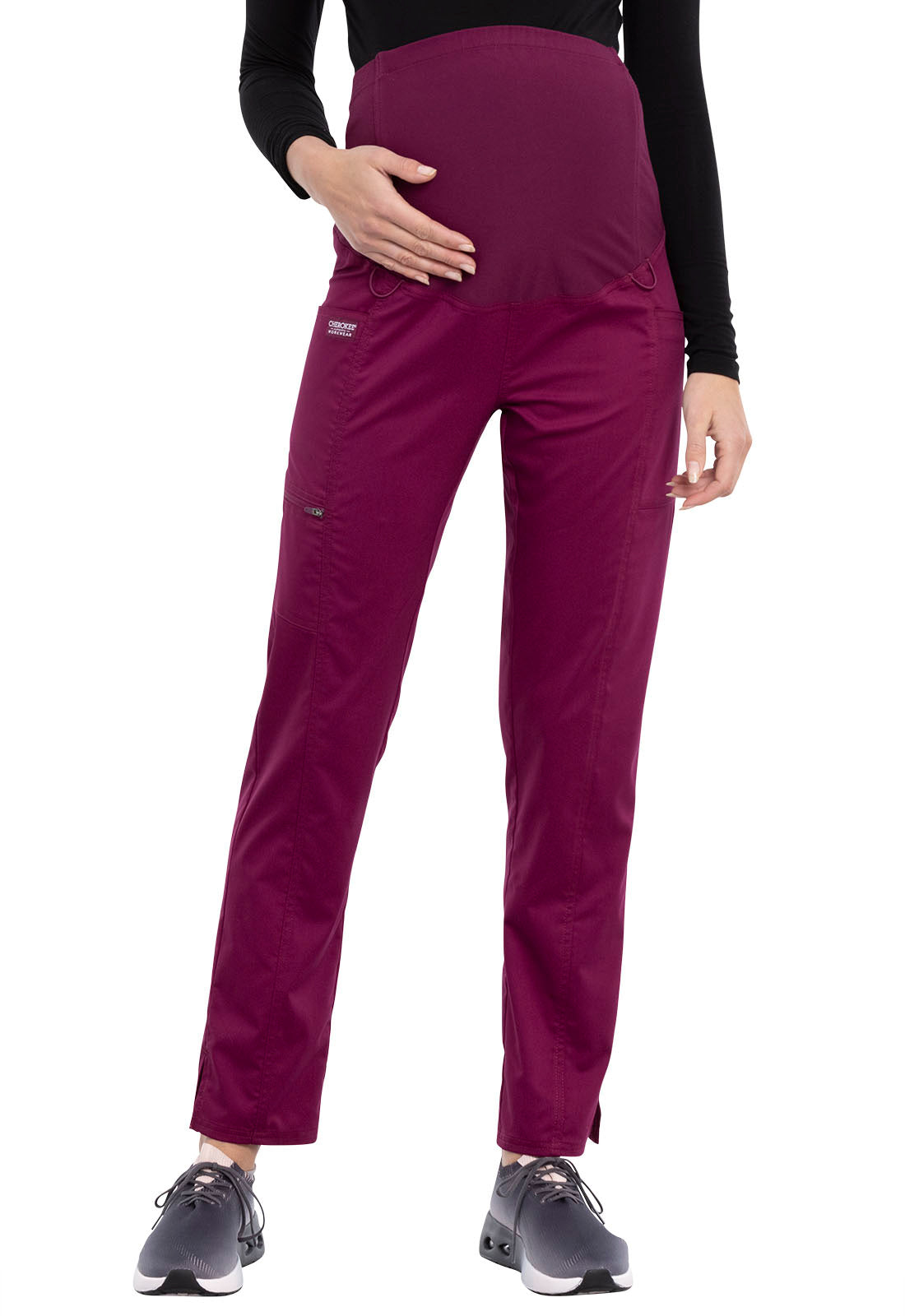 Revolution WW155 Maternity Straight Leg Pants Wine Model Image Front | Cherokee Workwear