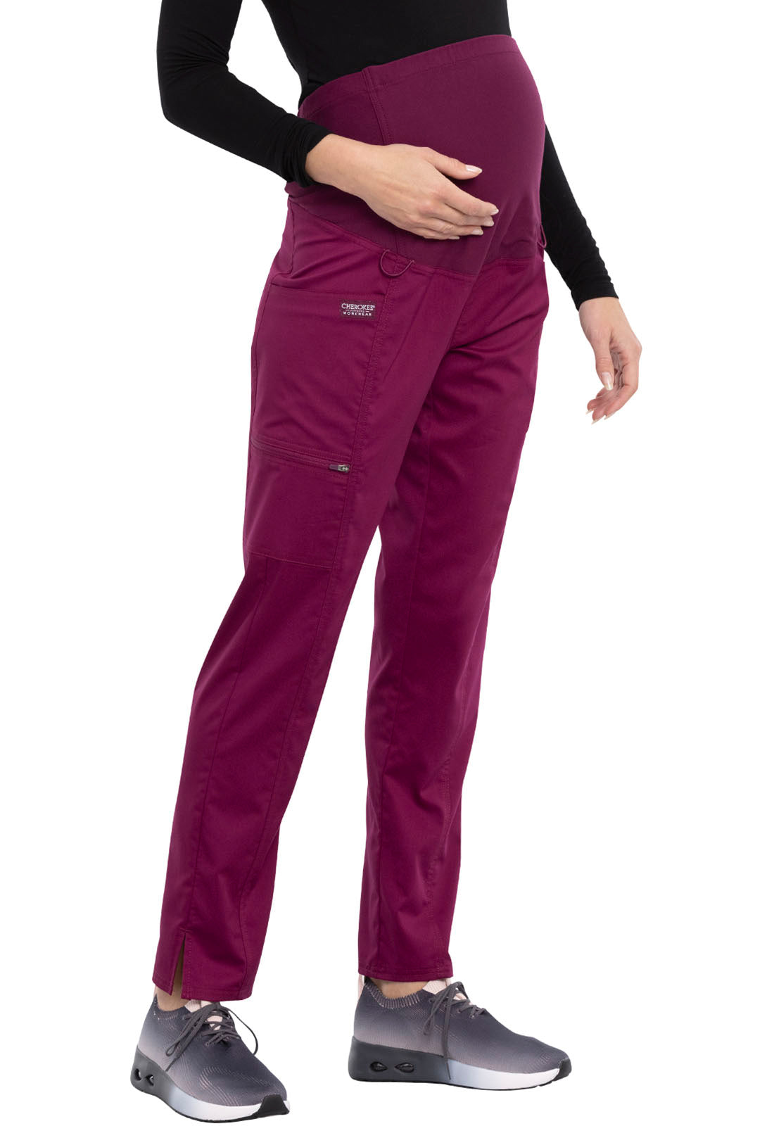 Revolution WW155 Maternity Straight Leg Pants Wine Model Image Left Side | Cherokee Workwear