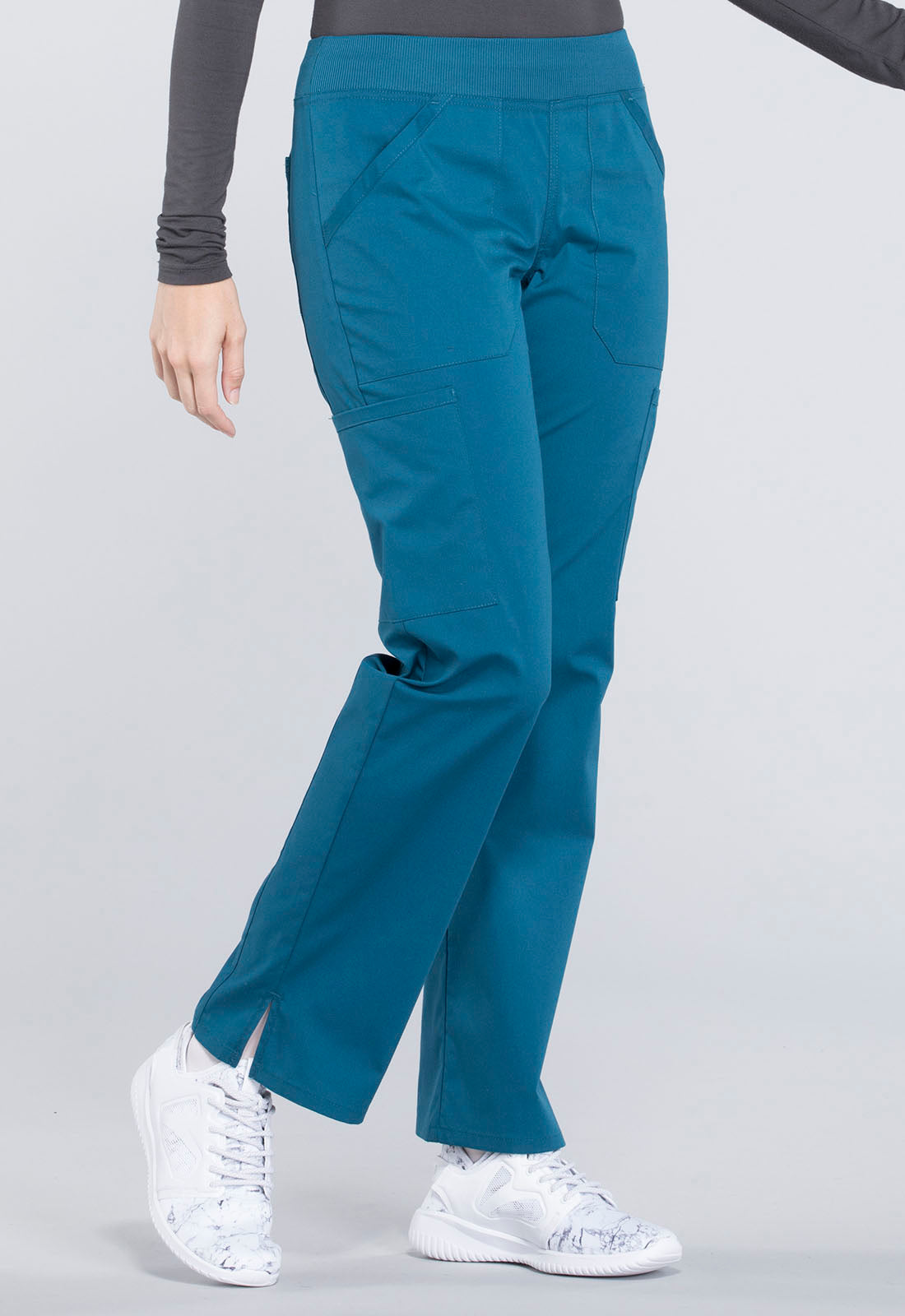 Professionals WW170 Mid Rise Straight Leg Pull-on Cargo Pants Caribbean Blue Model Image Left Side | Cherokee Workwear