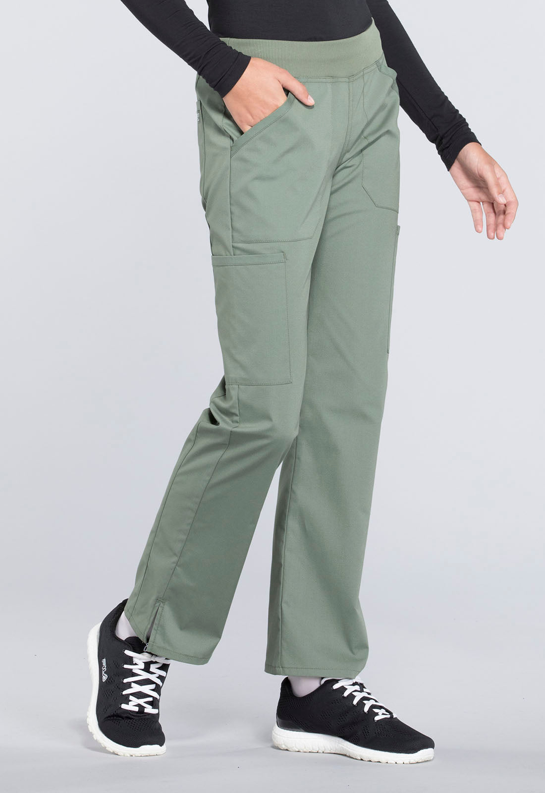 Professionals WW170 Mid Rise Straight Leg Pull-on Cargo Pants Olive Model Image Left Side | Cherokee Workwear