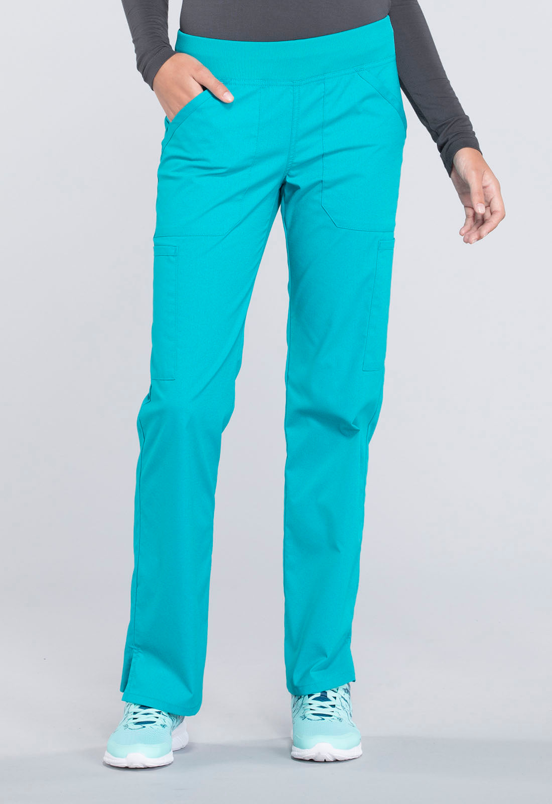 Professionals WW170 Mid Rise Straight Leg Pull-on Cargo Pants Teal Blue Model Image Front | Cherokee Workwear