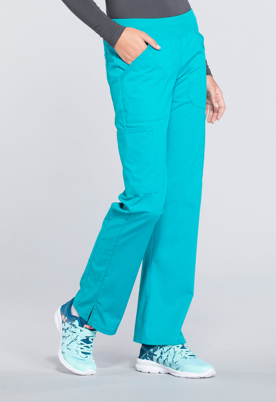 Professionals WW170 Mid Rise Straight Leg Pull-on Cargo Pants Teal Blue Model Image Left Side | Cherokee Workwear