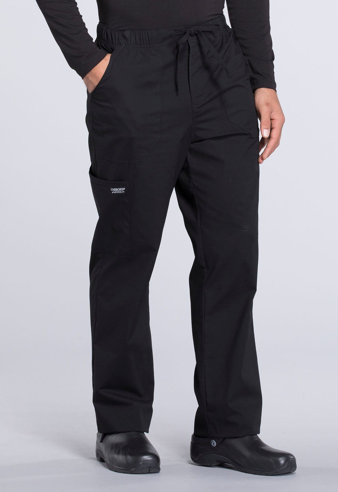 Professionals WW190 Men's Tapered Leg Fly Front Cargo Pants Black Model Image Left Side | Cherokee Workwear