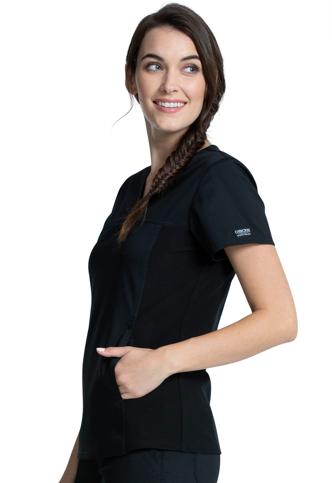 Revolution WW2875 V-Neck Knit Panel Top Black Model Image Right Side | Cherokee Workwear