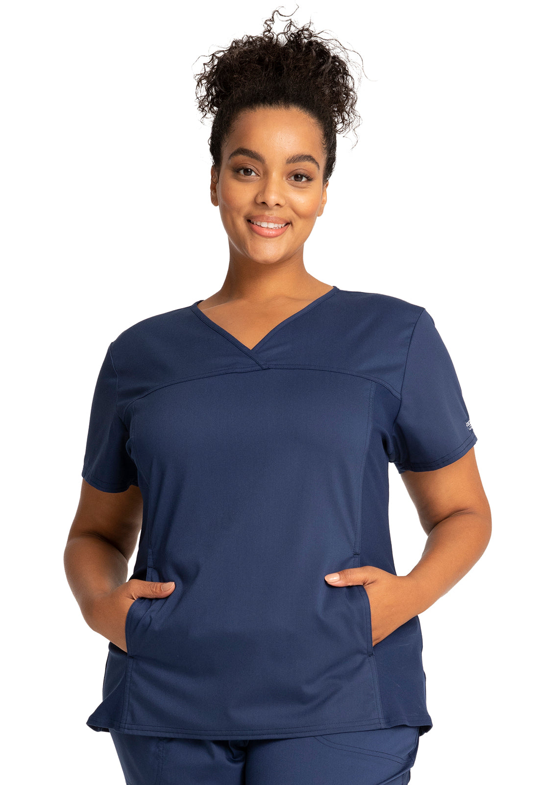 Revolution WW2875 V-Neck Knit Panel Top Navy Model Image Front | Cherokee Workwear