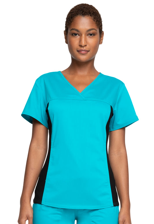 Revolution WW2875 V-Neck Knit Panel Top Teal Blue Model Image Front | Cherokee Workwear