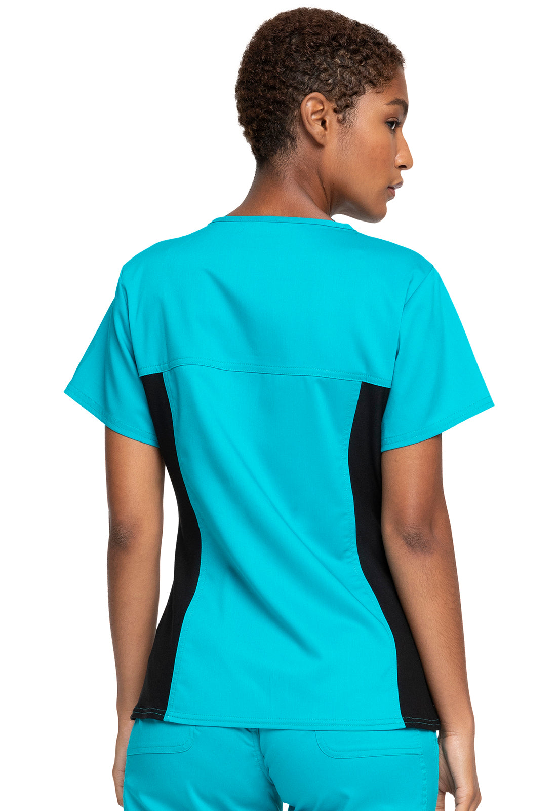 Revolution WW2875 V-Neck Knit Panel Top Teal Blue Model Image Back | Cherokee Workwear