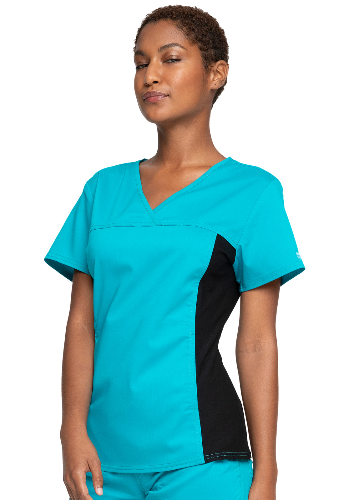 Revolution WW2875 V-Neck Knit Panel Top Teal Blue Model Image Right Side | Cherokee Workwear