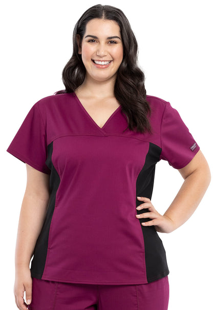 Revolution WW2875 V-Neck Knit Panel Top Wine Model Image Front | Cherokee Workwear