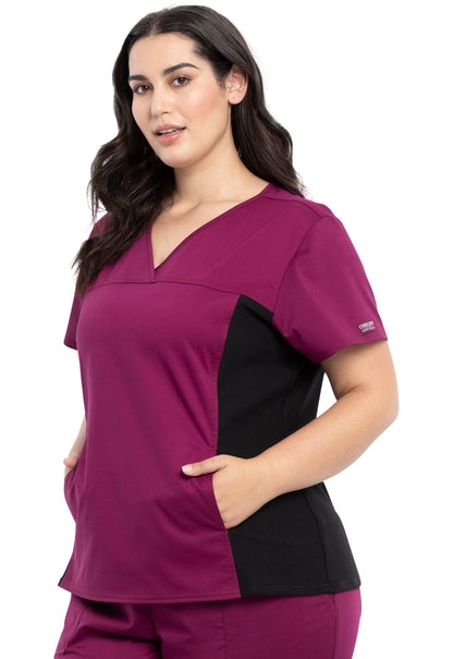 Revolution WW2875 V-Neck Knit Panel Top Wine Model Image Right Side | Cherokee Workwear