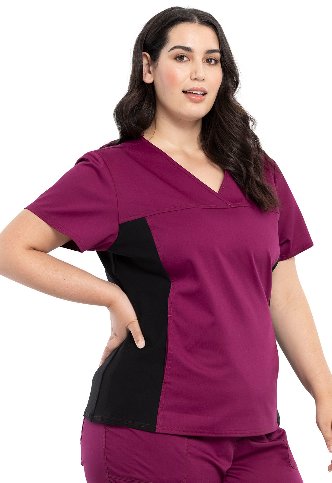 Revolution WW2875 V-Neck Knit Panel Top Wine Model Image Left Side | Cherokee Workwear