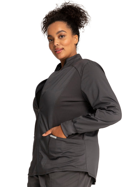 Revolution WW301 Zip Front High-Low Jacket Pewter Model Image Right Side | Cherokee Workwear