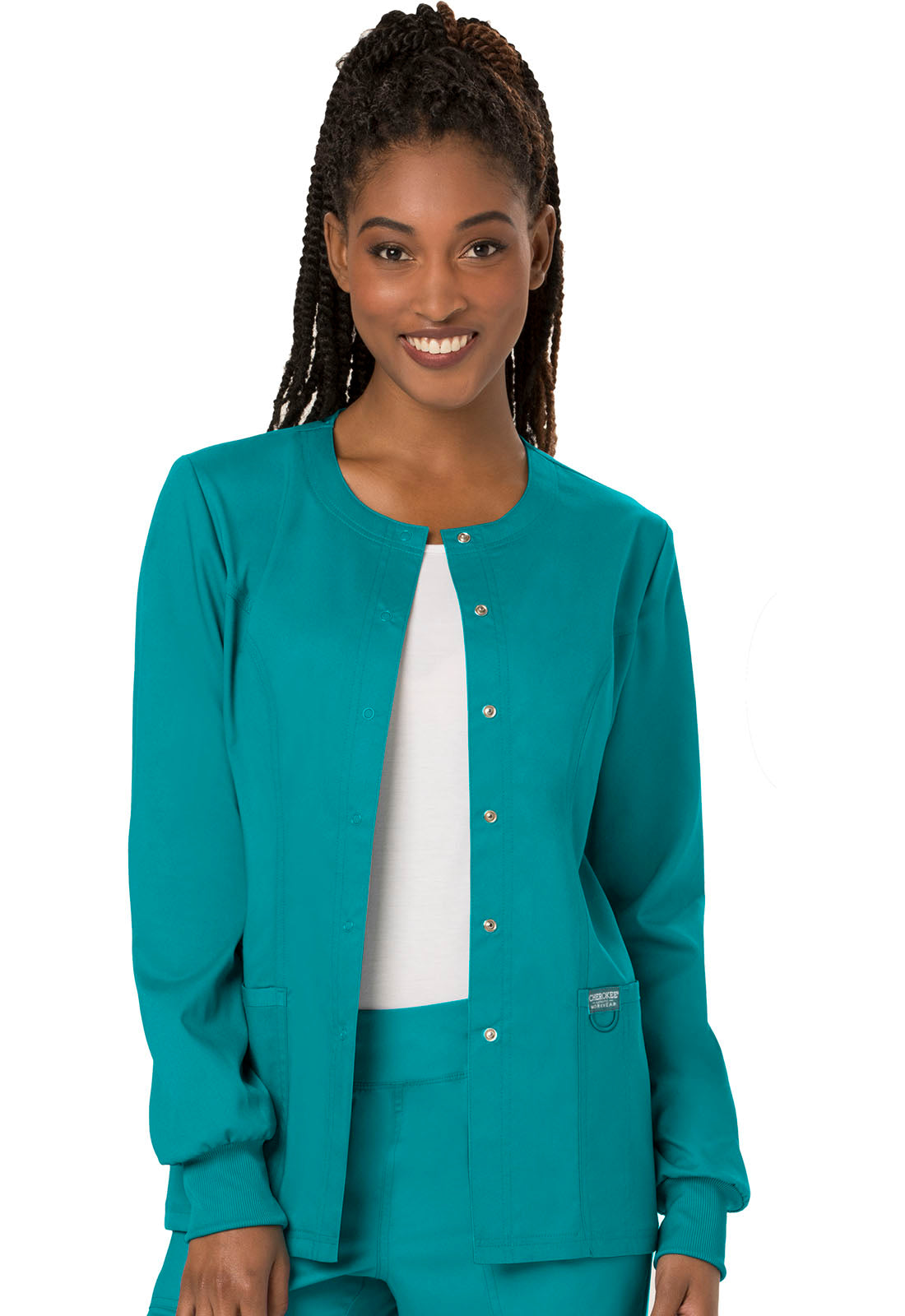 Revolution WW310 Snap Front Jacket Teal Blue Model Image Front | Cherokee Workwear